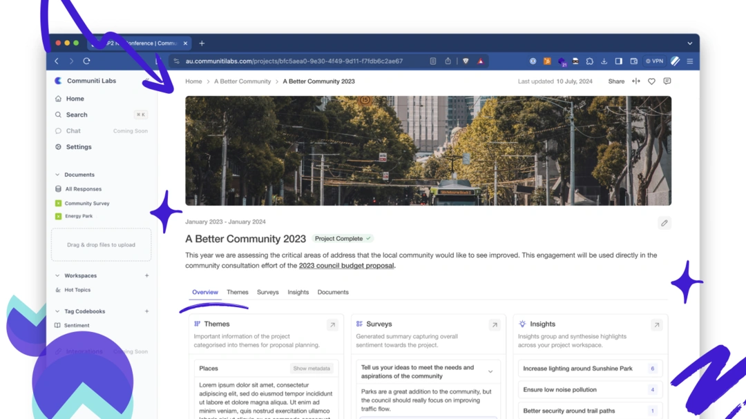 A co-designed Communiti Analysis project workspace showing project context, questions, themes and a branded community report.