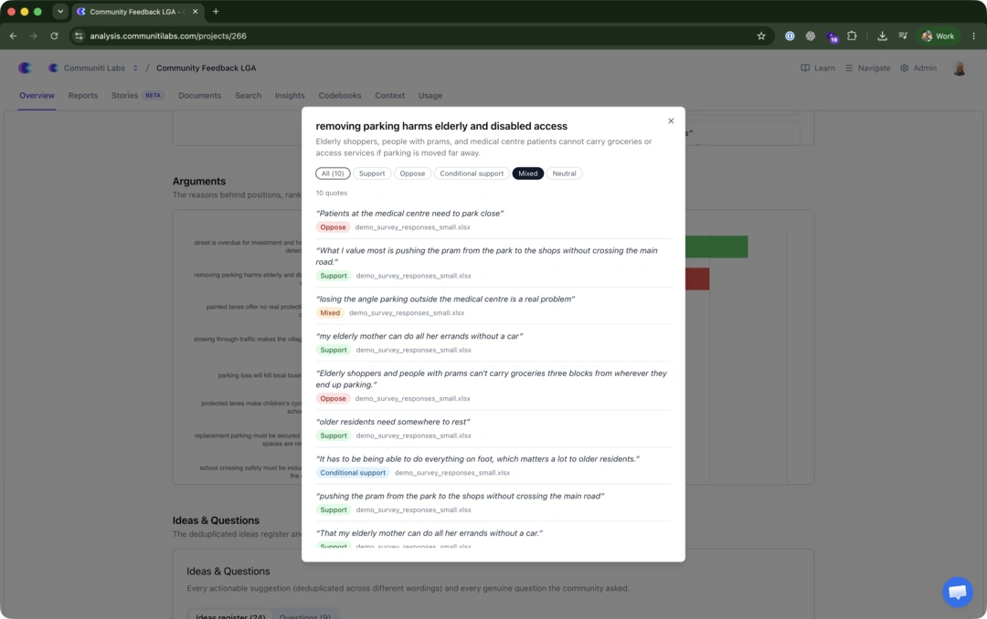Communiti Analysis connecting an identified argument to individual community quotes, positions and source evidence.