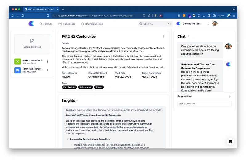 The first Communiti Analysis prototype, showing uploaded files, project details, generated insights and a chat panel.