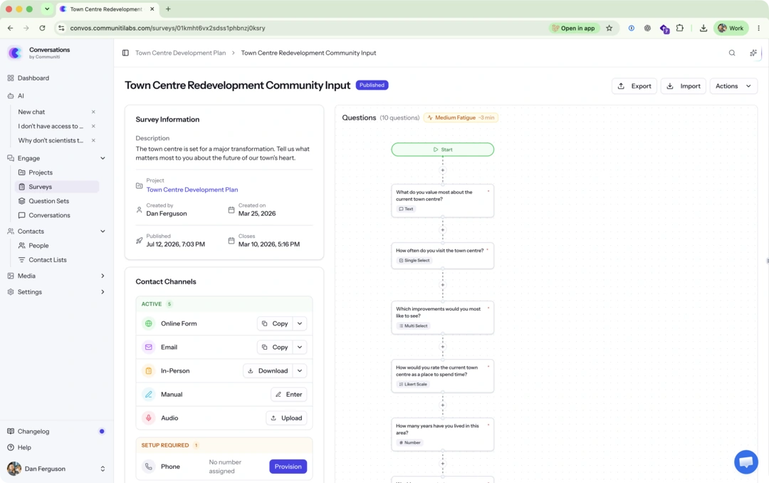 Communiti Conversations content sources showing web, email, in-person, voicemail, audio and upload channels in one project.