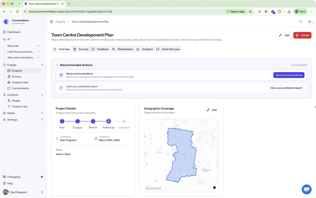 Communiti Conversations project workspace showing recommended actions, a project timeline, project details and geographic coverage.
