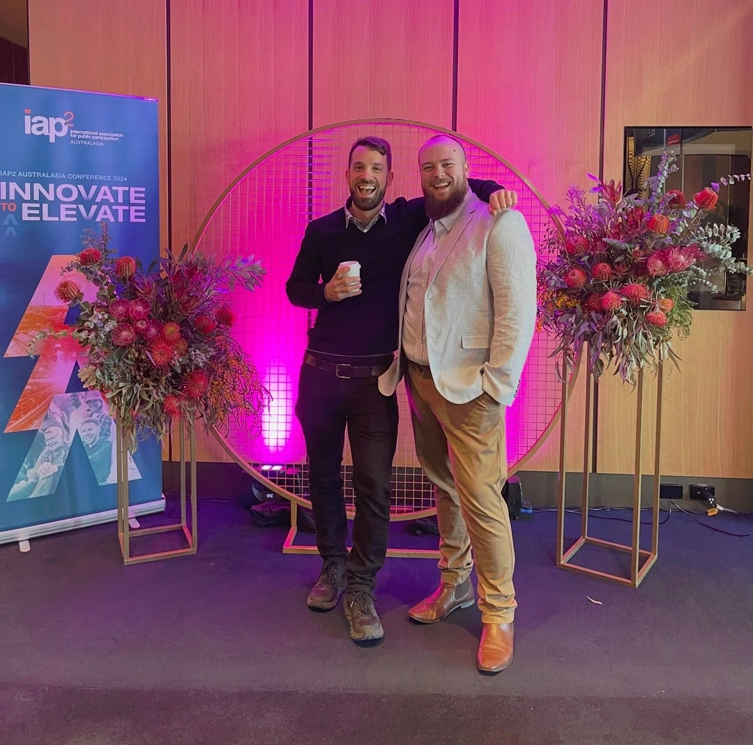 Communiti Labs co-founders Dan Ferguson and Steven Germain together at the 2024 IAP2 Australasia Conference.